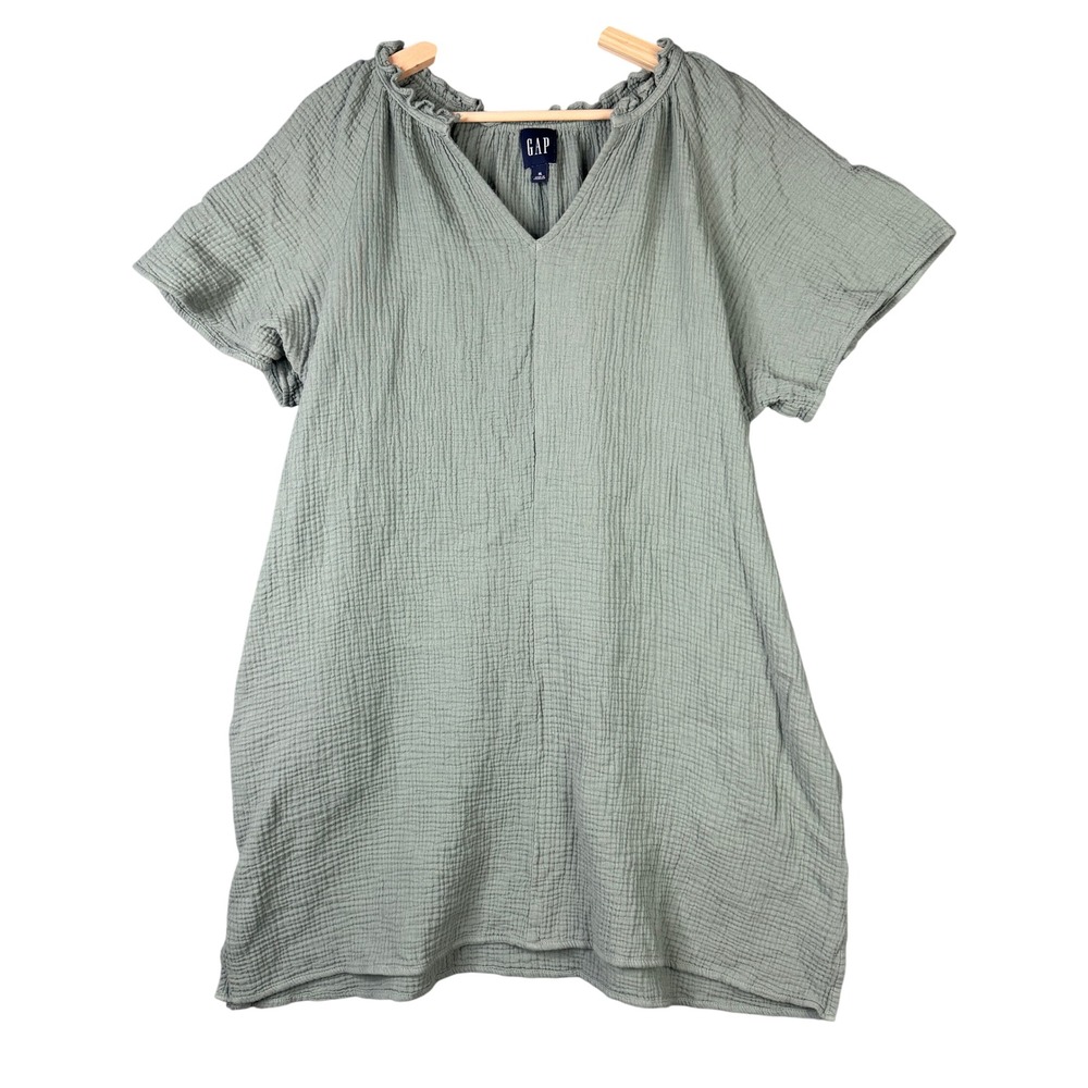 GAP Sage Green Crinkle Gauze V-Neck Mini Dress Pockets XL Short Sleeve Cotton